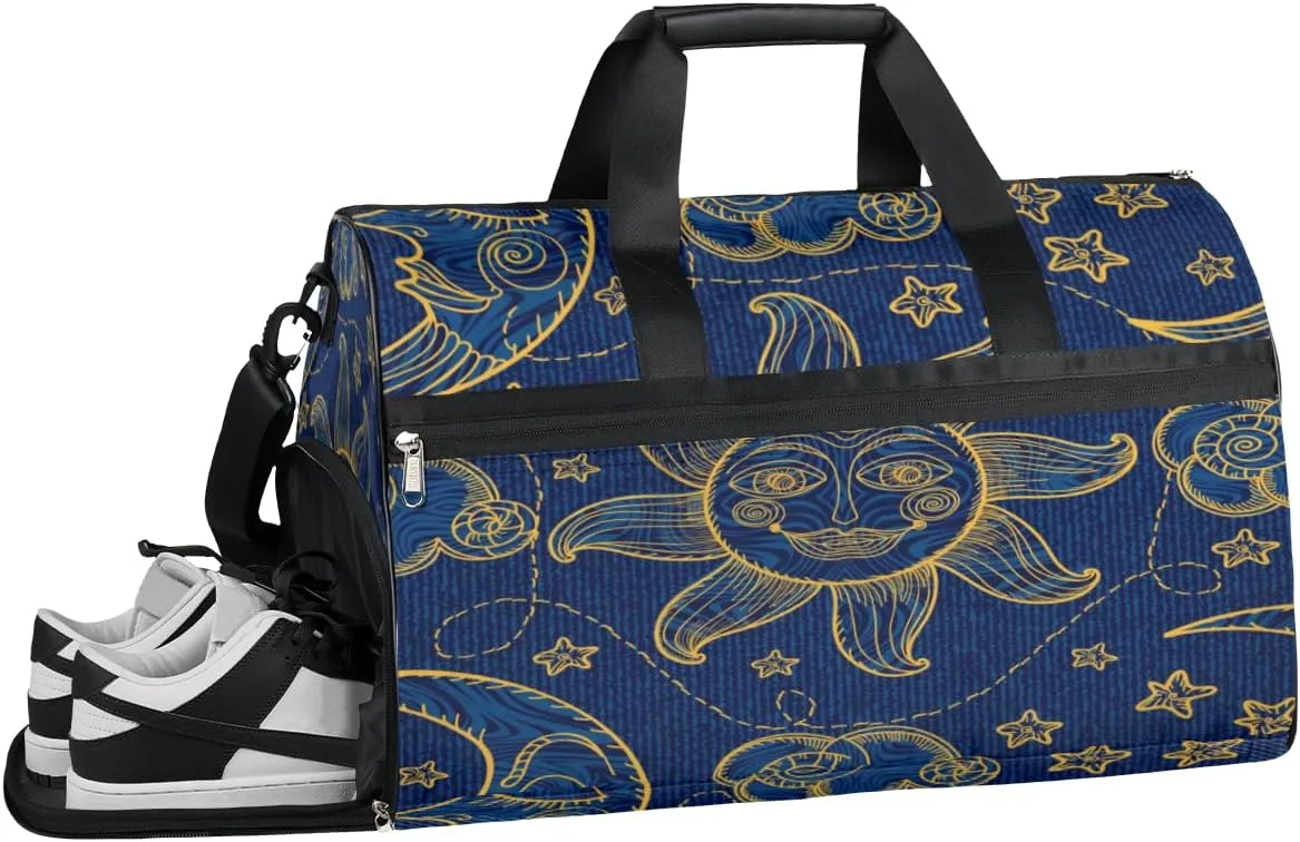 Sun Moon Blue Gold Gym Duffle Bag for Women Men 35L Sports Bags Travel Duffel with Shoe Compartment Large Weekender Overnight