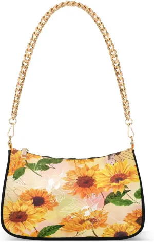 Sunflower Flowers Shoulder Handbags for Women Travel Hobo Tote Handbag Women Gold Chain Shoulder Bags Purse with Zipper Closure