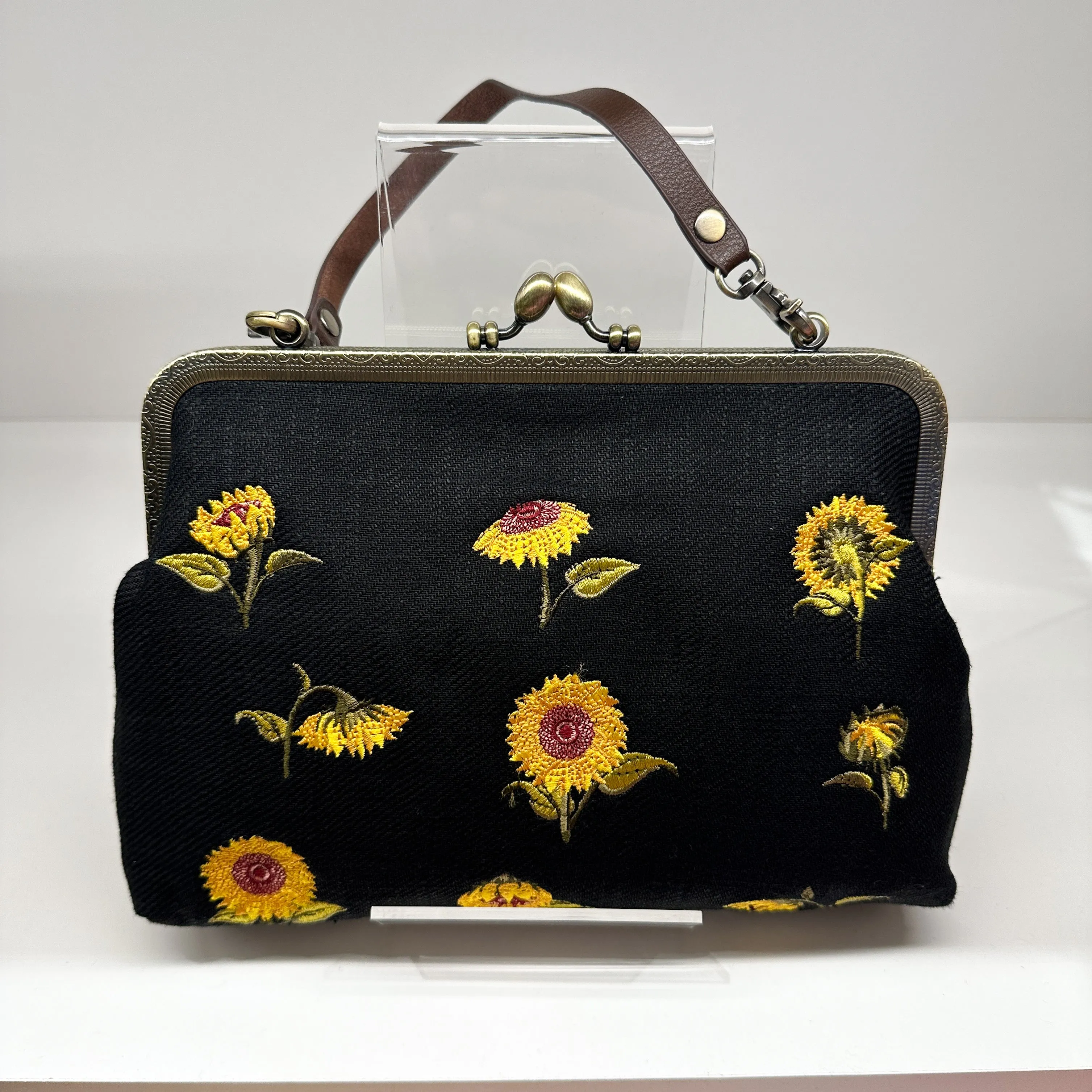 Sunflower Kisslock Embroidered Convertible Bag