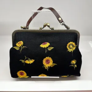 Sunflower Kisslock Embroidered Convertible Bag