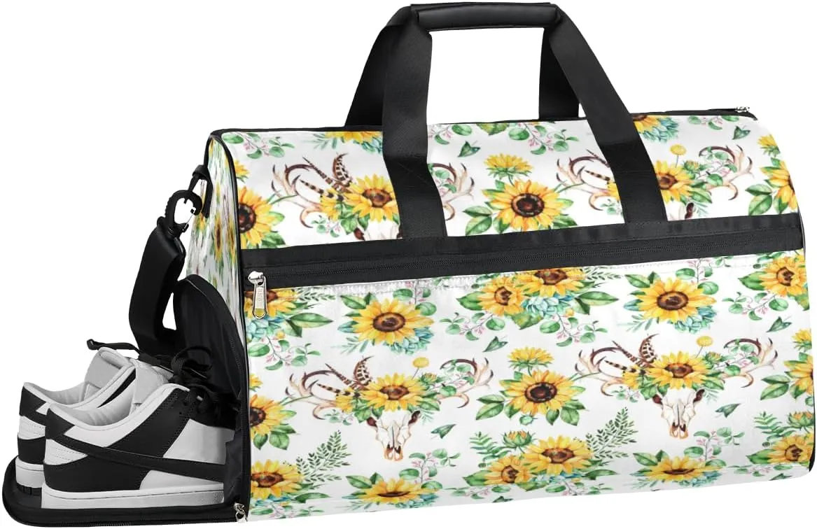 Sunflowers Leaves Gym Duffle Bag for Women Men 35L Sports Bags Skull Boho Travel Duffel with Shoe Compartment Large Weekender Overnight