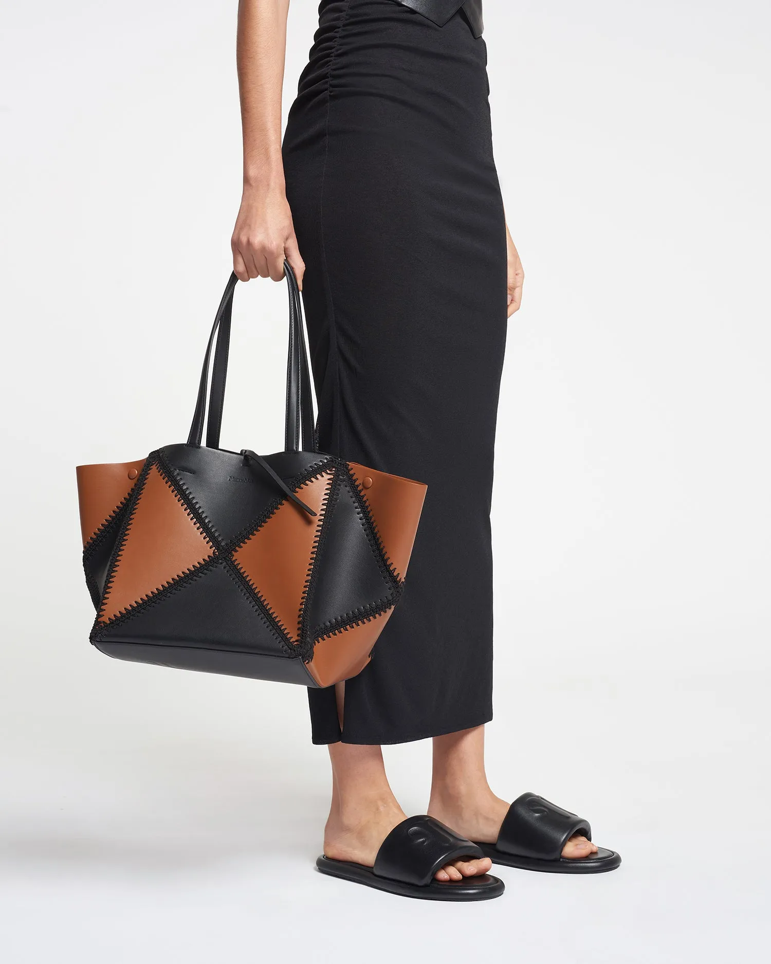 The Origami Tote - Alt-Nappa Crochet Tote - Tan/Black