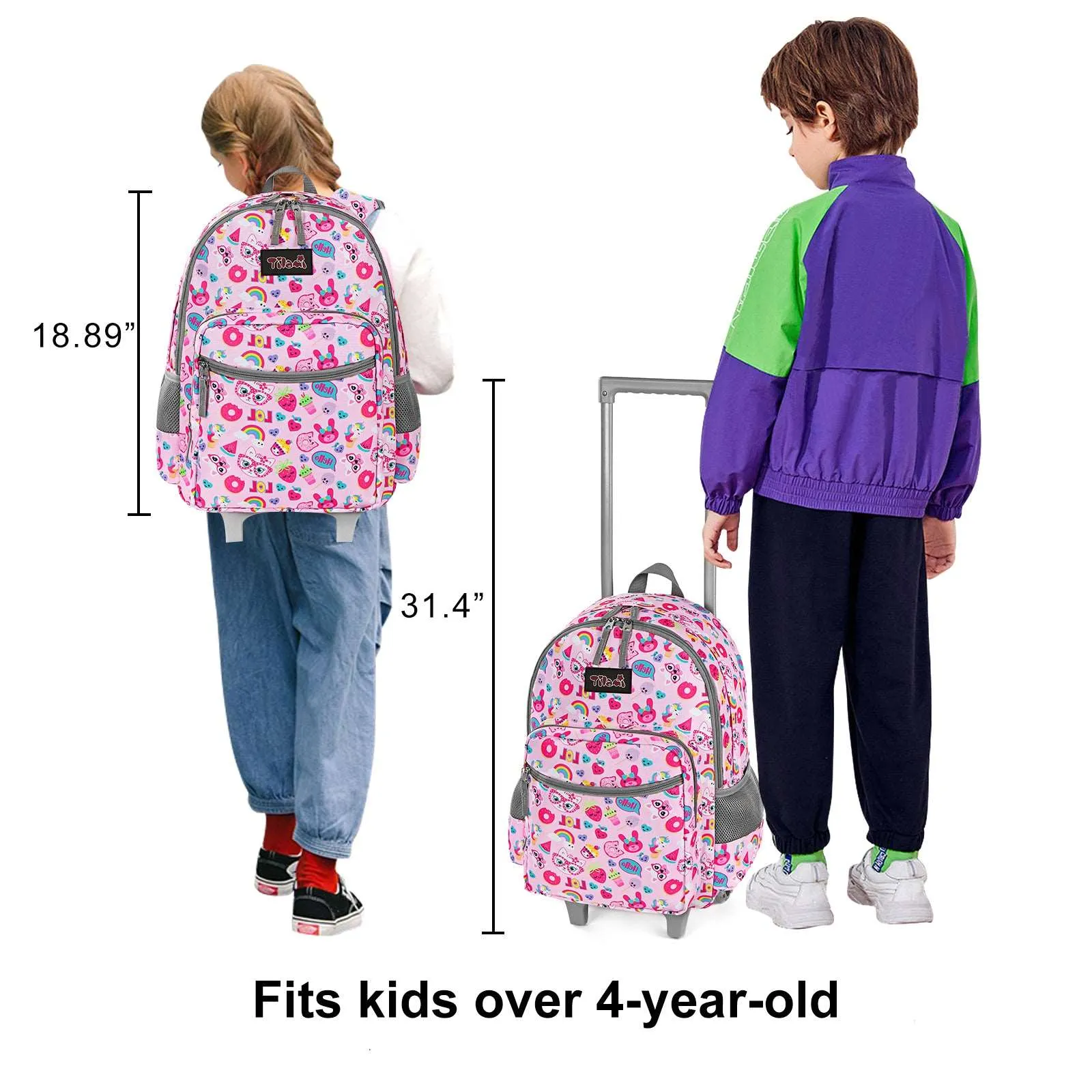 Tilami Pink Cat 18-inch Double Handle Rolling Backpack for Kids