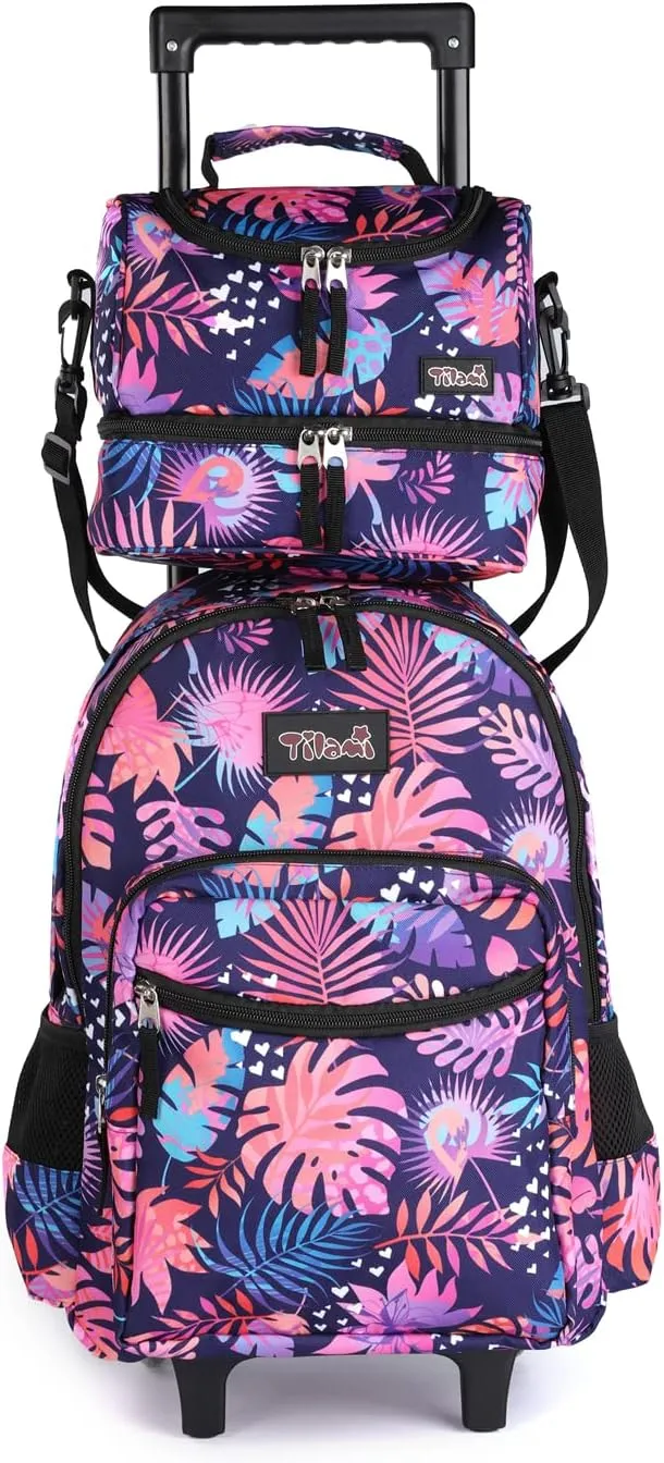 Tilami Rolling Backpack 18 inch Leaves Pink Double Handle with Lunch Bag