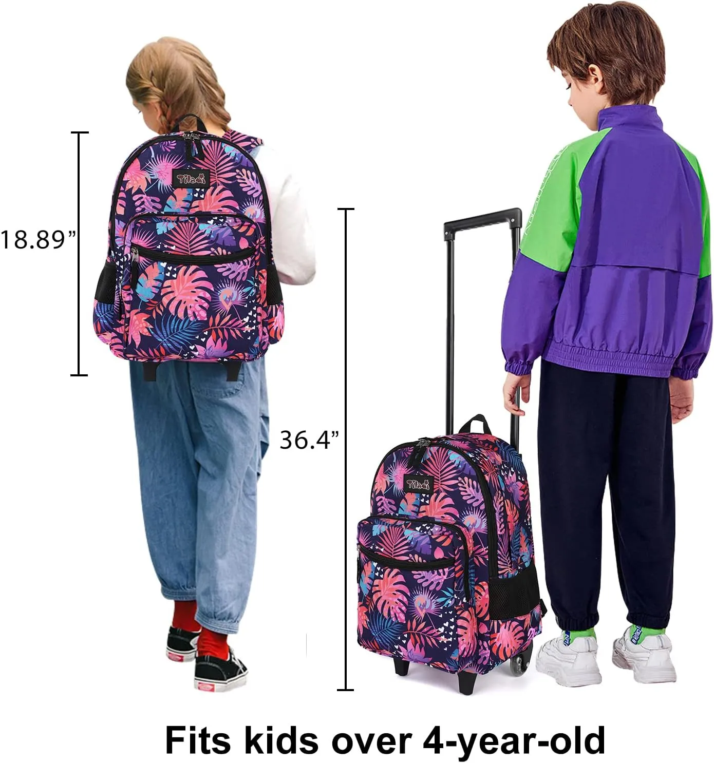Tilami Rolling Backpack 18 inch Leaves Pink Double Handle with Lunch Bag