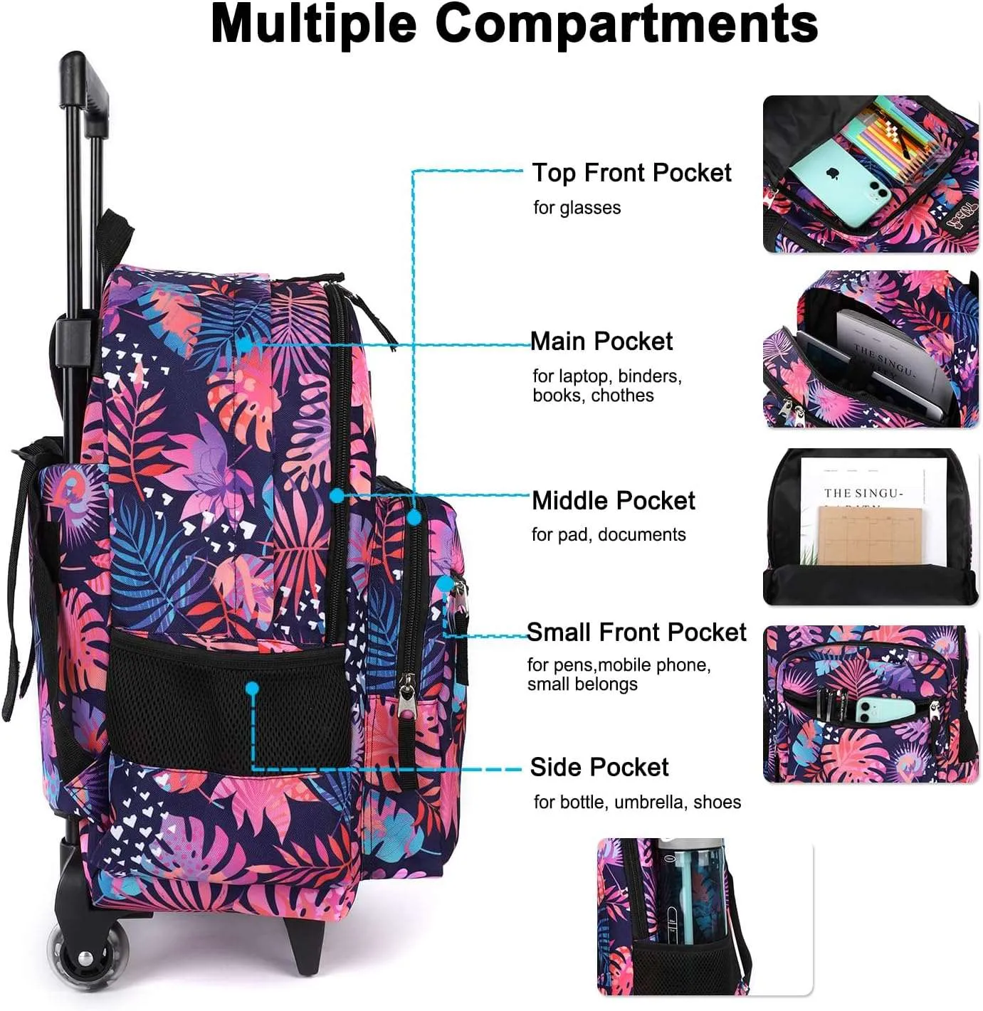 Tilami Rolling Backpack 18 inch Leaves Pink Double Handle with Lunch Bag