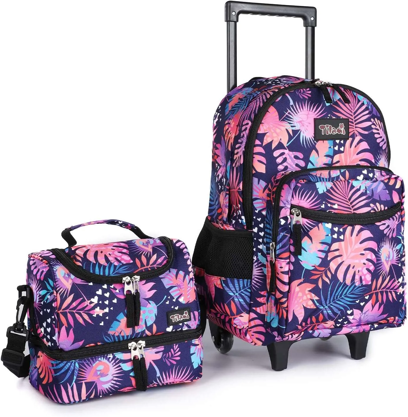Tilami Rolling Backpack 18 inch Leaves Pink Double Handle with Lunch Bag