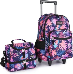 Tilami Rolling Backpack 18 inch Leaves Pink Double Handle with Lunch Bag
