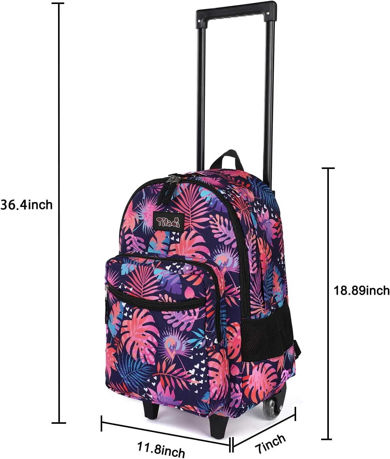Tilami Rolling Backpack 18 inch Leaves Pink Double Handle with Lunch Bag