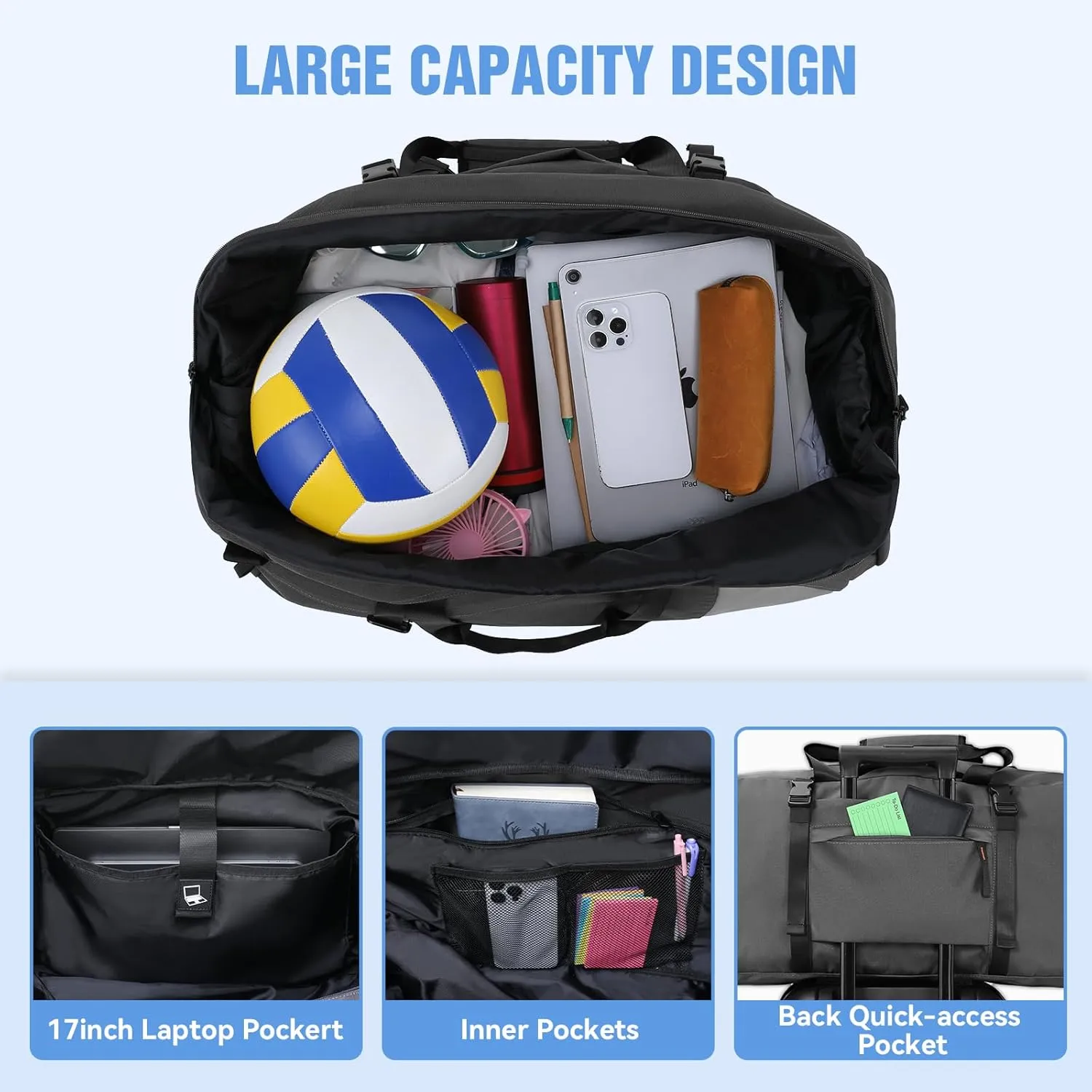 Tolaccea Gym Bag for Men Women, 54L Large Duffle Bag Backpack, Sports Travel Duffel Bag with Shoe Compartment & Wet Pocket, Lightweight Waterproof Carry On Weekender Overnight Workout Bag, Grey