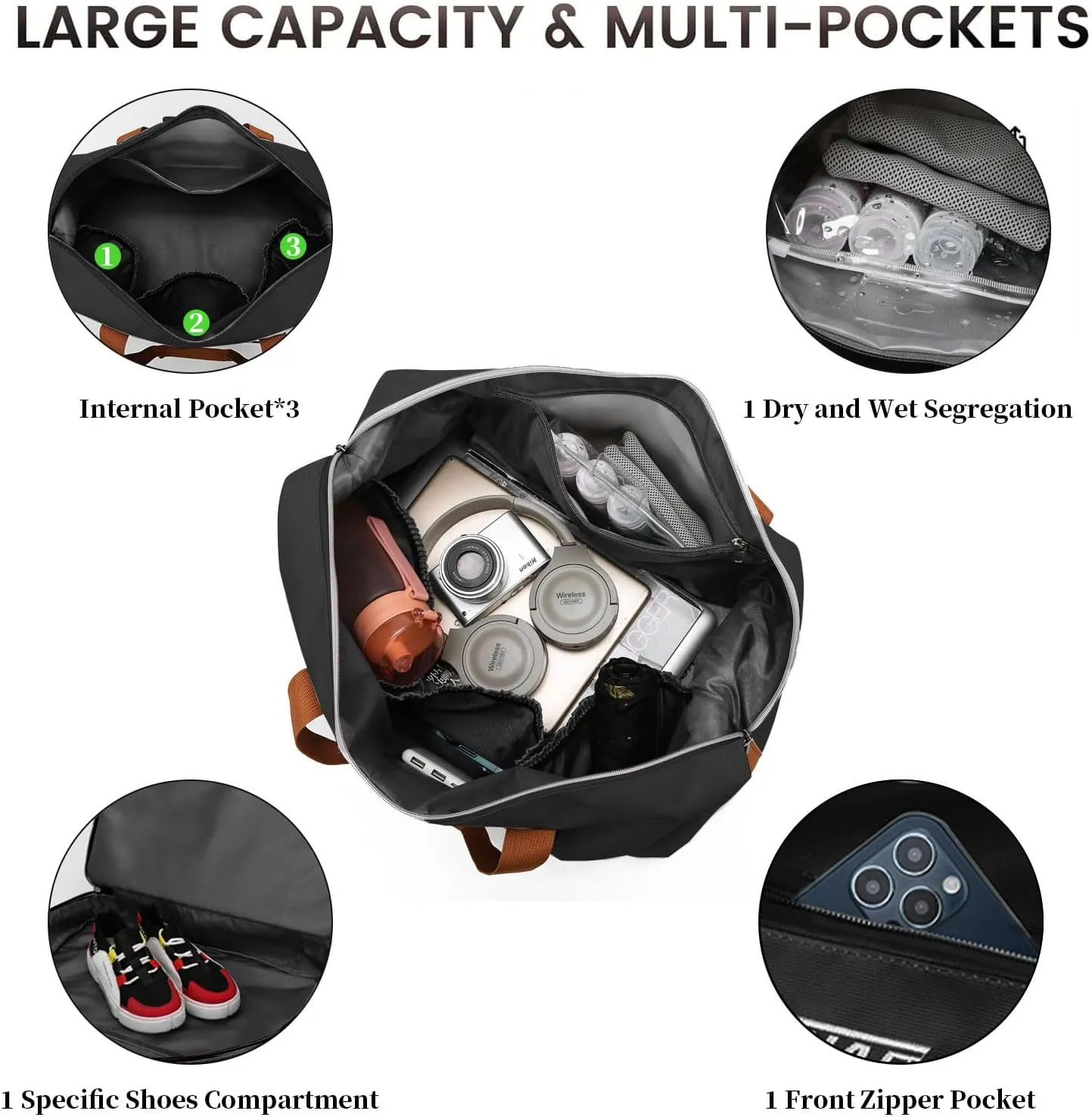 Travel Duffel Bag Sports Gym Swim Yoga Weekender Overnight Bags With Shoe Compartment for Women Men, Black