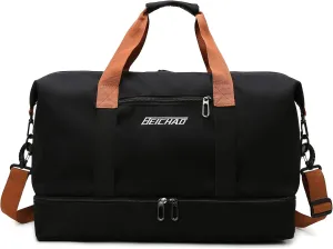 Travel Duffel Bag Sports Gym Swim Yoga Weekender Overnight Bags With Shoe Compartment for Women Men, Black