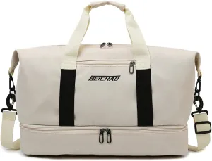 Travel Duffel Bag Sports Gym Swim Yoga Weekender Overnight Bags With Shoe Compartment for Women Men, White