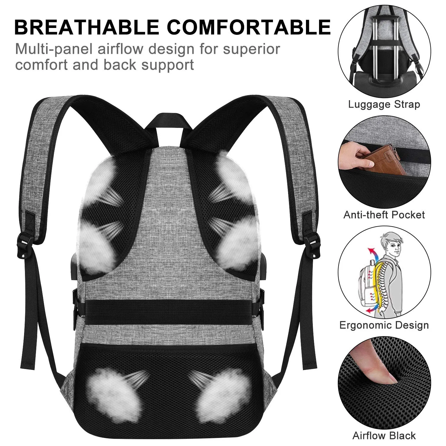 Travel Laptop Backpack, AMBOR 17.3 Inch Anti Theft Business Backpack with USB Charging Port and Headphone Interface,Large Computer Backpack School Daypack Backpack for Women and Men-Grey