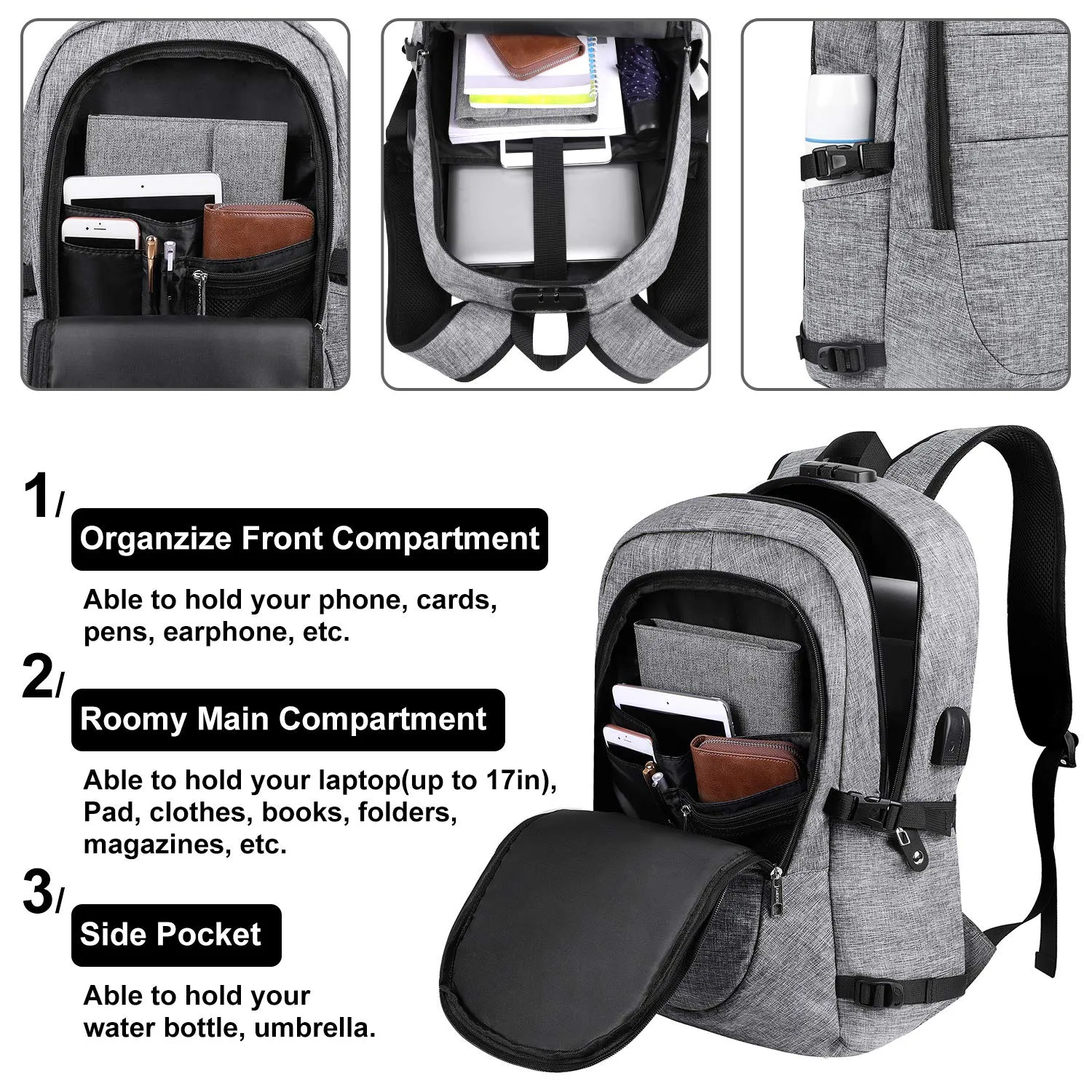 Travel Laptop Backpack, AMBOR 17.3 Inch Anti Theft Business Backpack with USB Charging Port and Headphone Interface,Large Computer Backpack School Daypack Backpack for Women and Men-Grey