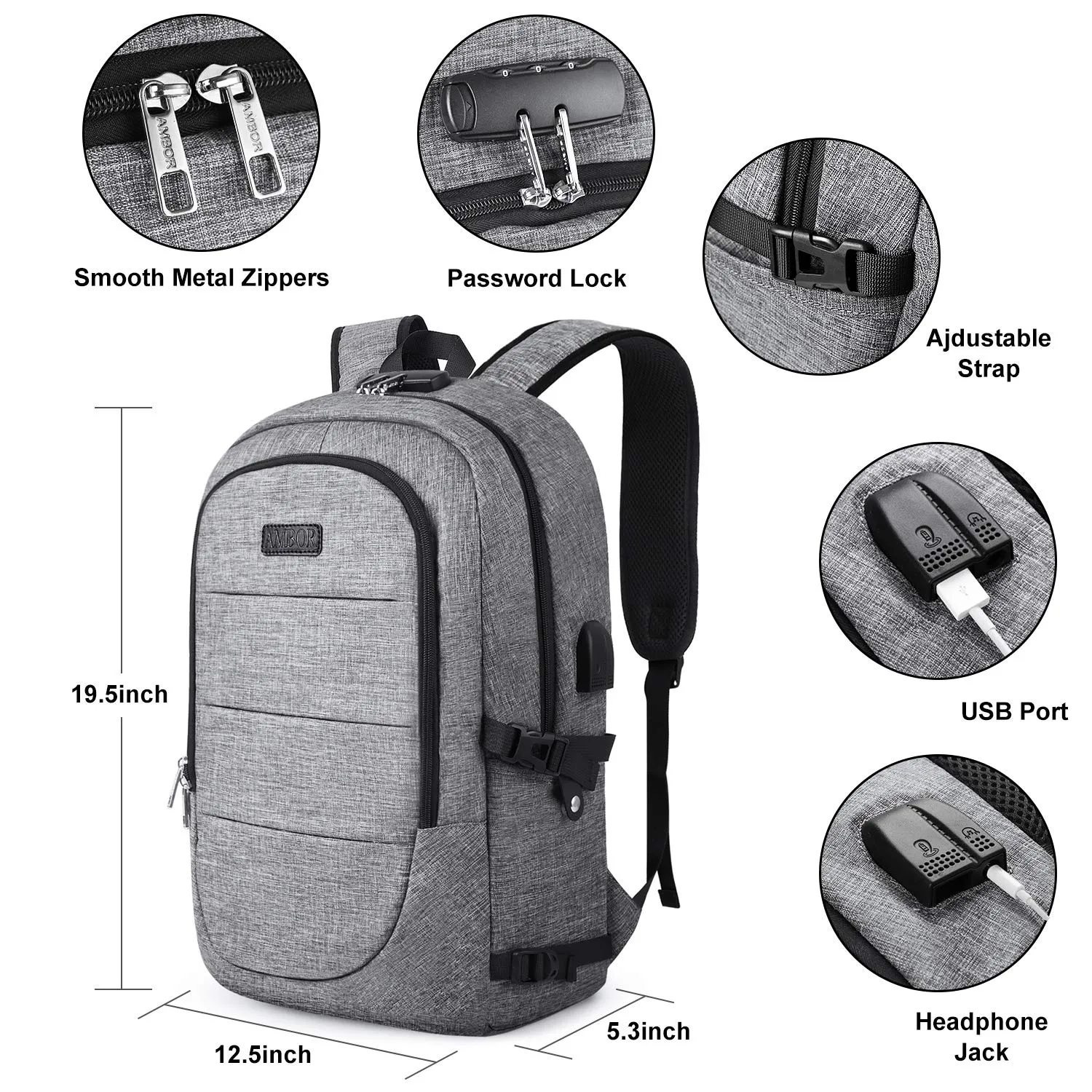 Travel Laptop Backpack, AMBOR 17.3 Inch Anti Theft Business Backpack with USB Charging Port and Headphone Interface,Large Computer Backpack School Daypack Backpack for Women and Men-Grey