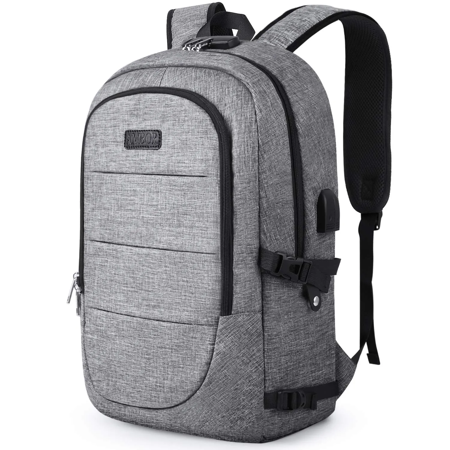 Travel Laptop Backpack, AMBOR 17.3 Inch Anti Theft Business Backpack with USB Charging Port and Headphone Interface,Large Computer Backpack School Daypack Backpack for Women and Men-Grey