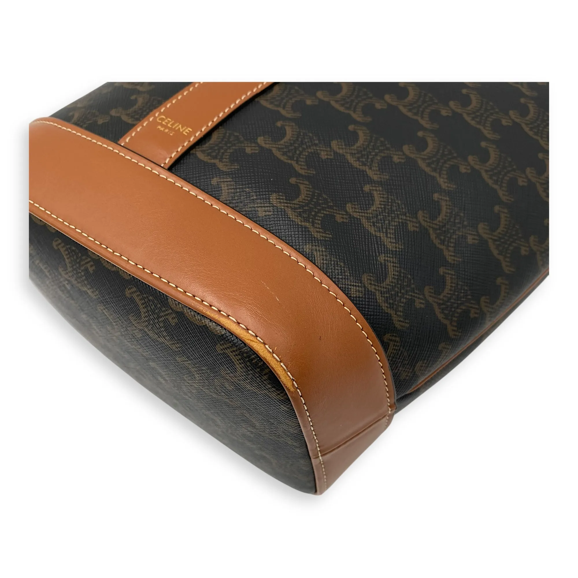 Triomphe Brown Bucket Bag in Coated Canvas, Gold hardware