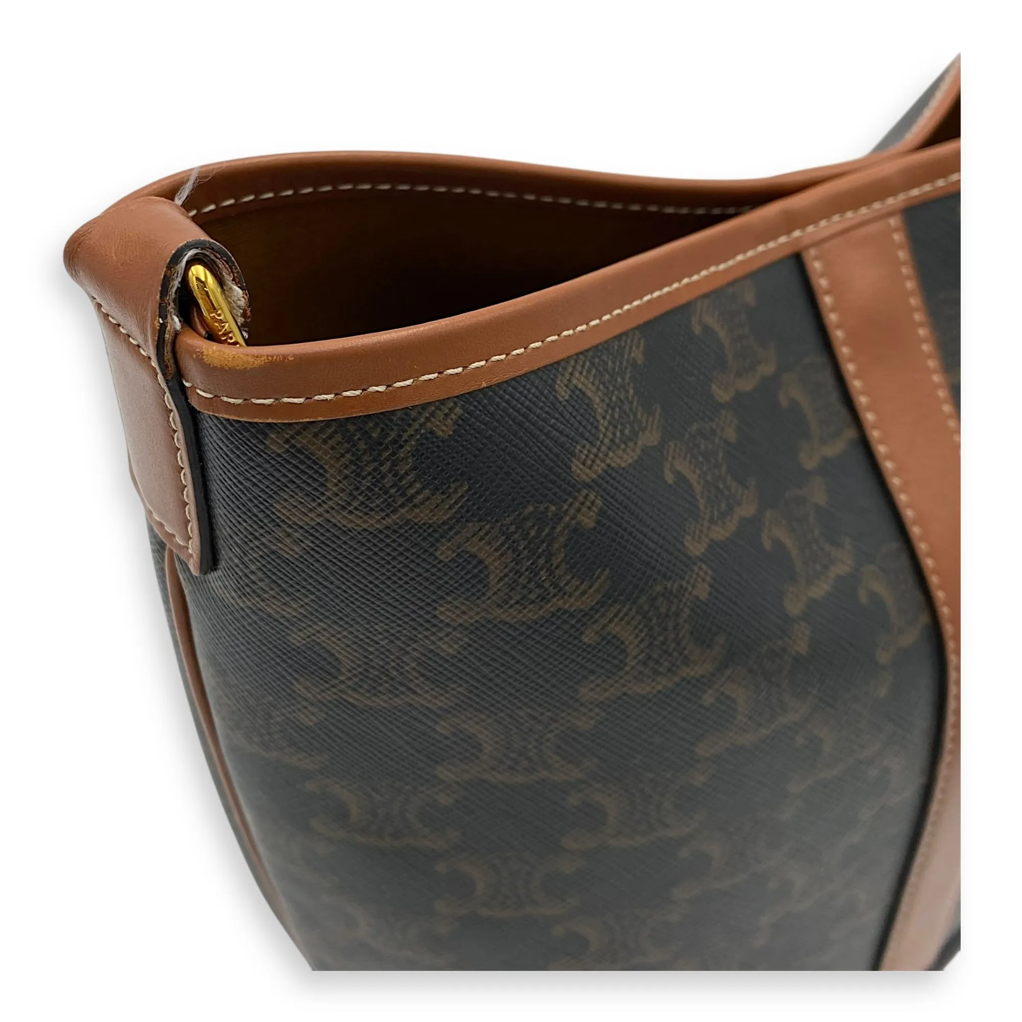 Triomphe Brown Bucket Bag in Coated Canvas, Gold hardware