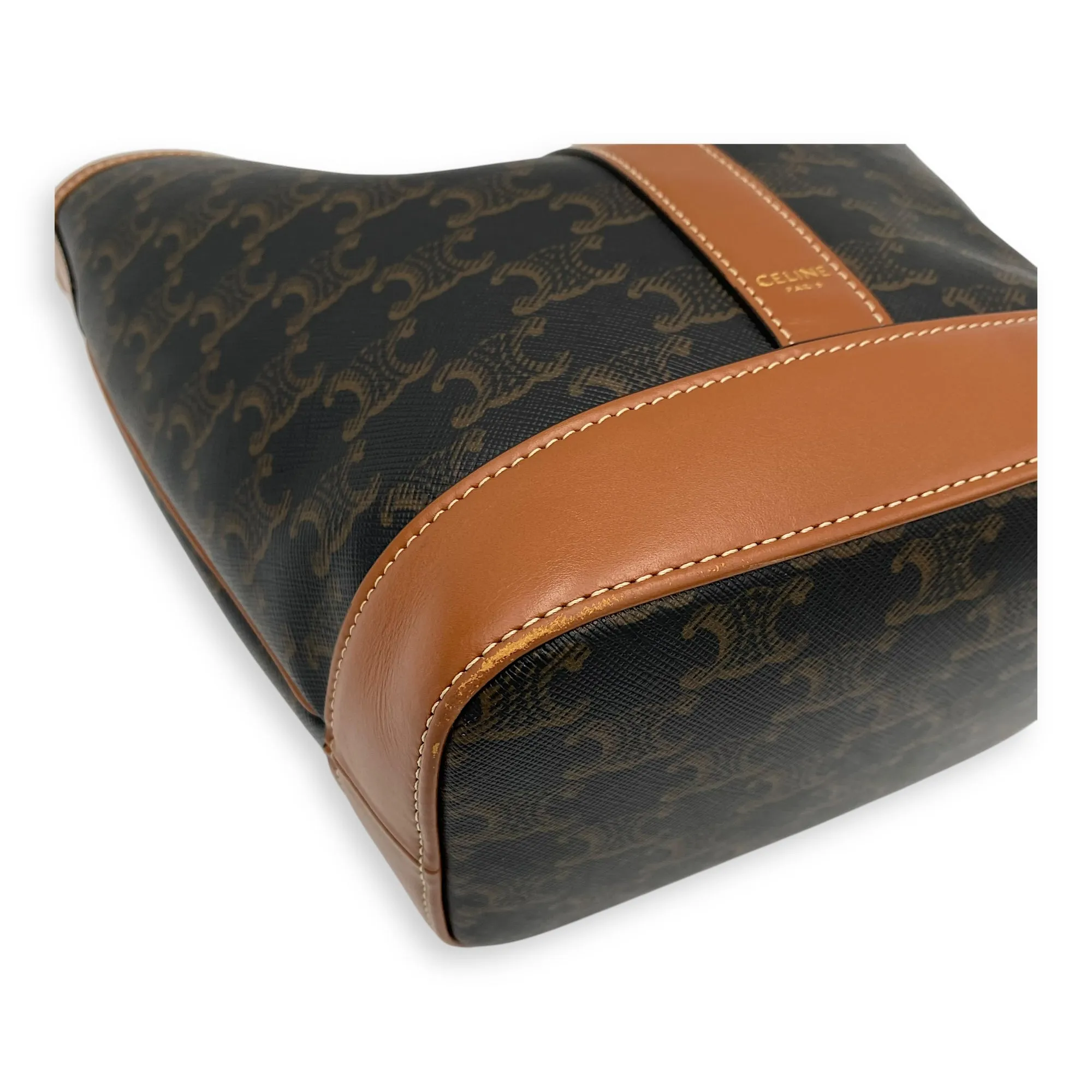 Triomphe Brown Bucket Bag in Coated Canvas, Gold hardware