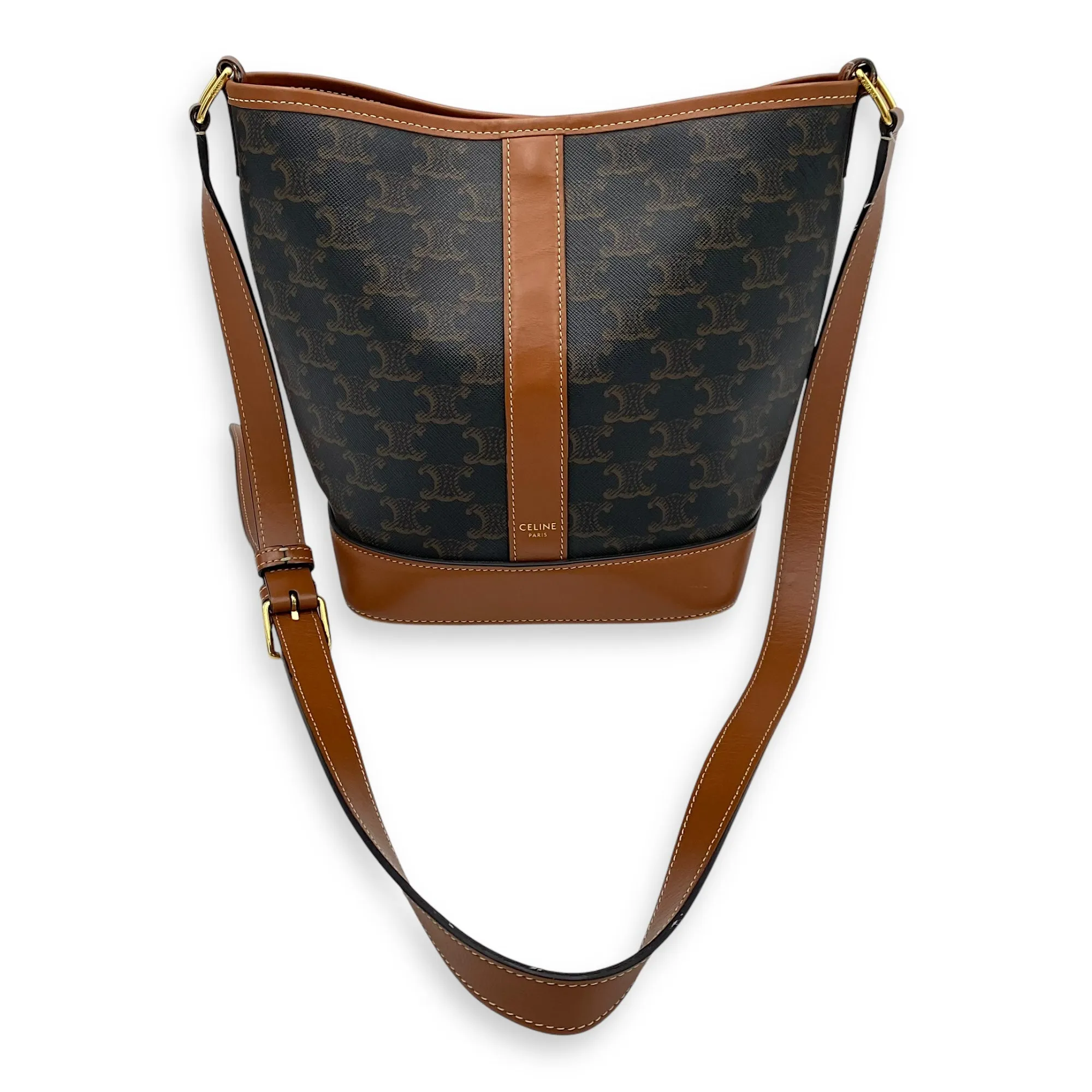 Triomphe Brown Bucket Bag in Coated Canvas, Gold hardware