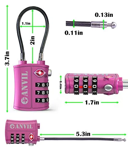 TSA Approved 3 Digit Luggage Cable Locks, Small Combination Padlock Ideal for Travel - 2 Pack (Pinky RED 2 Pack)