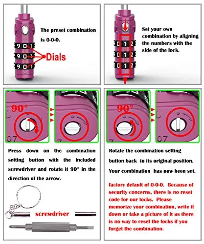 TSA Approved 3 Digit Luggage Cable Locks, Small Combination Padlock Ideal for Travel - 2 Pack (Pinky RED 2 Pack)