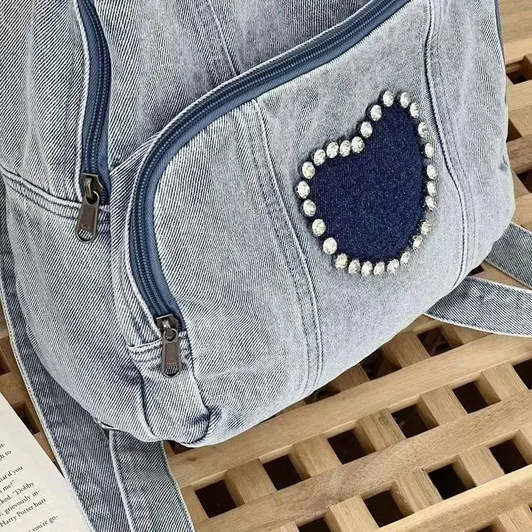 UAKISS  -  Korean 2024 Vintage Heart Rhinestone Mini Denim Girl Backpacks Y2k Leisure Fashion Women's Backpacks Trendy Travel Backpack Ins