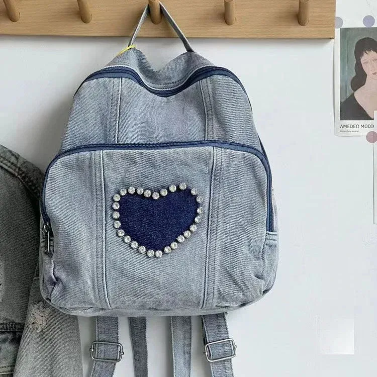 UAKISS  -  Korean 2024 Vintage Heart Rhinestone Mini Denim Girl Backpacks Y2k Leisure Fashion Women's Backpacks Trendy Travel Backpack Ins
