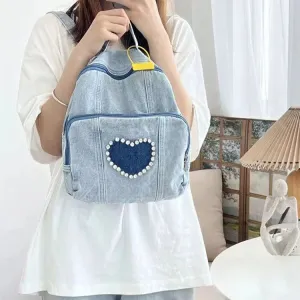 UAKISS  -  Korean 2024 Vintage Heart Rhinestone Mini Denim Girl Backpacks Y2k Leisure Fashion Women's Backpacks Trendy Travel Backpack Ins