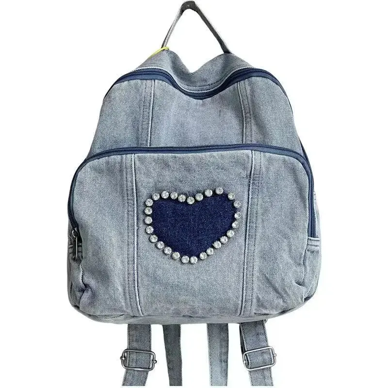 UAKISS  -  Korean 2024 Vintage Heart Rhinestone Mini Denim Girl Backpacks Y2k Leisure Fashion Women's Backpacks Trendy Travel Backpack Ins