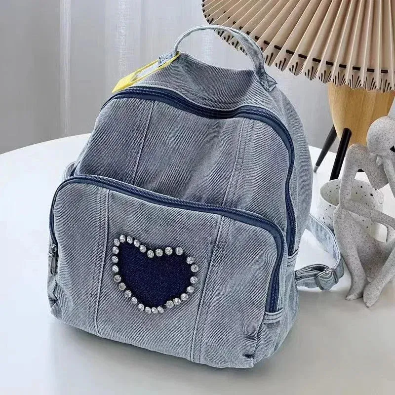 UAKISS  -  Korean 2024 Vintage Heart Rhinestone Mini Denim Girl Backpacks Y2k Leisure Fashion Women's Backpacks Trendy Travel Backpack Ins