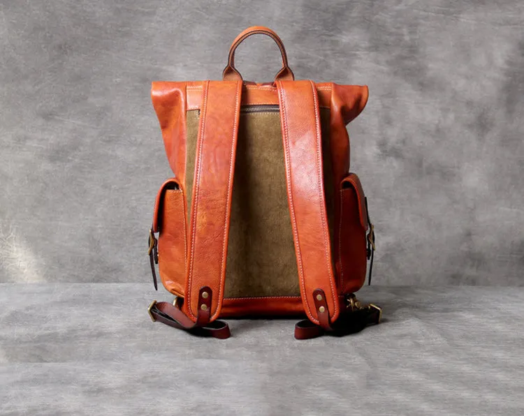 Unisex Fashion Multi-pockets Tanned Leather Travel Backpack YGJWM982
