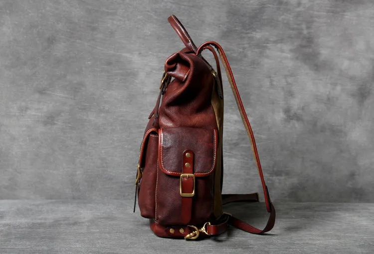Unisex Fashion Multi-pockets Tanned Leather Travel Backpack YGJWM982