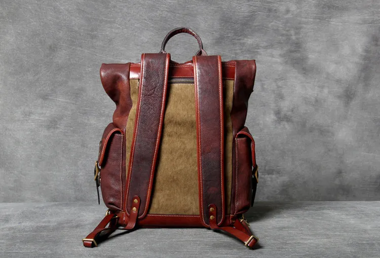 Unisex Fashion Multi-pockets Tanned Leather Travel Backpack YGJWM982
