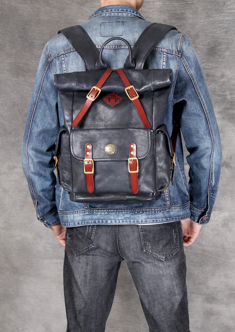 Unisex Fashion Multi-pockets Tanned Leather Travel Backpack YGJWM982