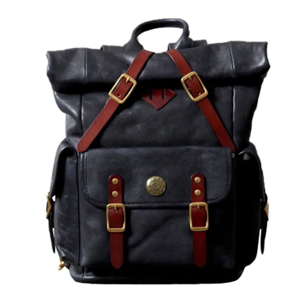 Unisex Fashion Multi-pockets Tanned Leather Travel Backpack YGJWM982