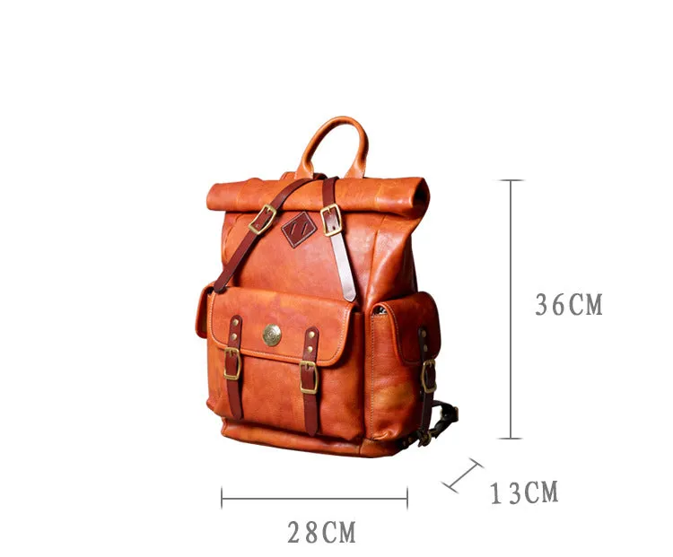 Unisex Fashion Multi-pockets Tanned Leather Travel Backpack YGJWM982