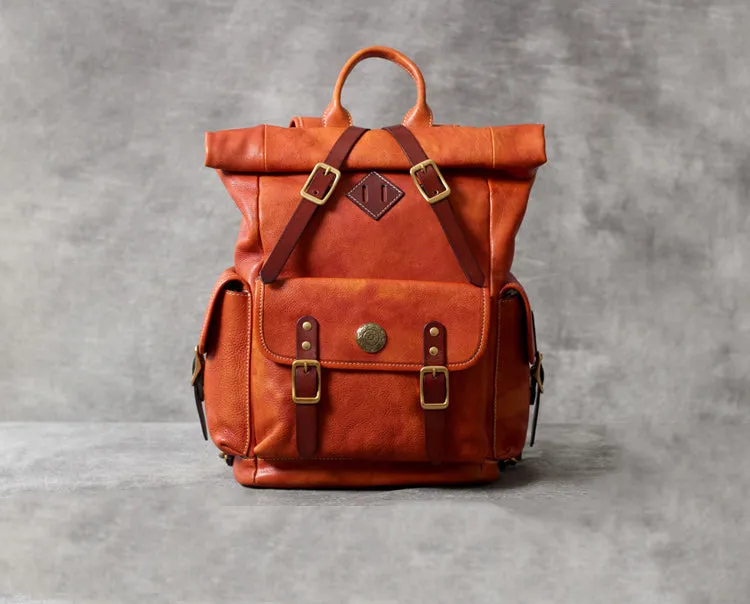 Unisex Fashion Multi-pockets Tanned Leather Travel Backpack YGJWM982