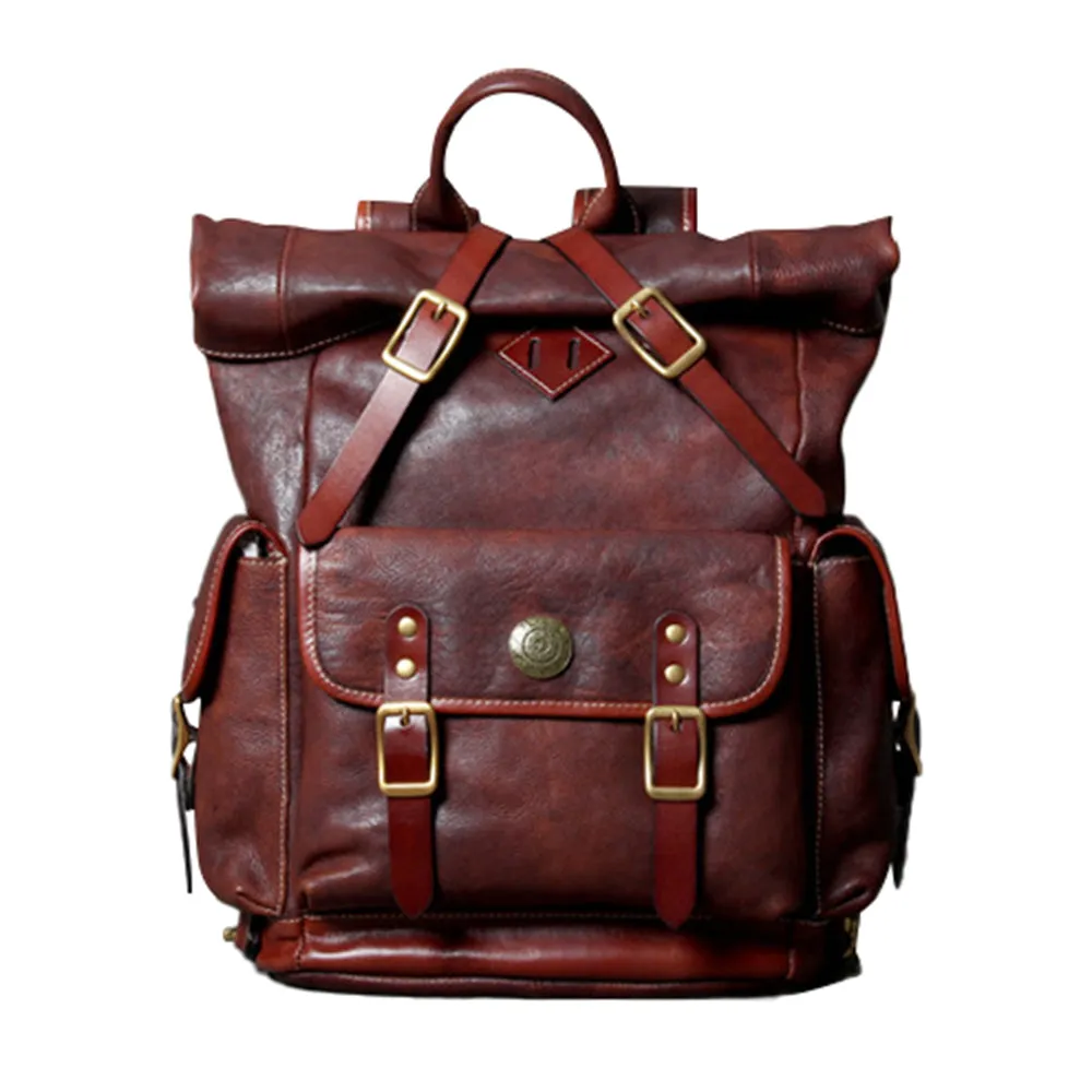 Unisex Fashion Multi-pockets Tanned Leather Travel Backpack YGJWM982