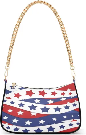 Usa Flag Patriotic Stars Stripes Shoulder Handbags for Women Travel Hobo Tote Handbag Women Gold Chain Shoulder Bags Purse with Zipper Closure