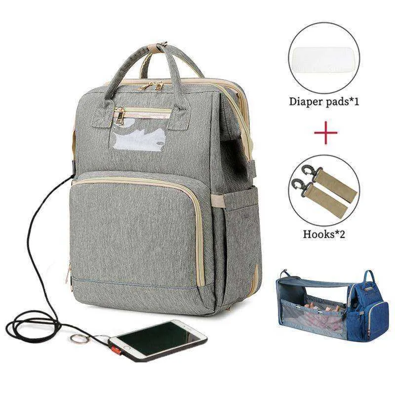 USB Diaper Bags Backpack Foldable Sunscreen Baby Bed Large Capacity