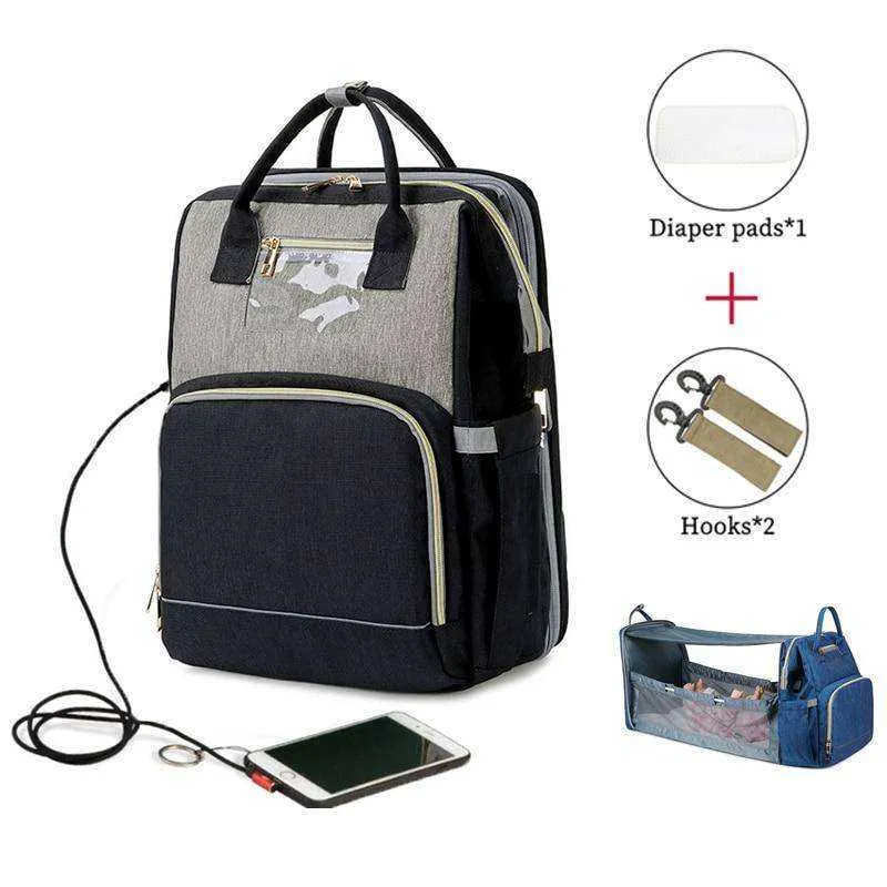 USB Diaper Bags Backpack Foldable Sunscreen Baby Bed Large Capacity