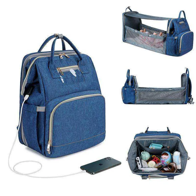 USB Diaper Bags Backpack Foldable Sunscreen Baby Bed Large Capacity