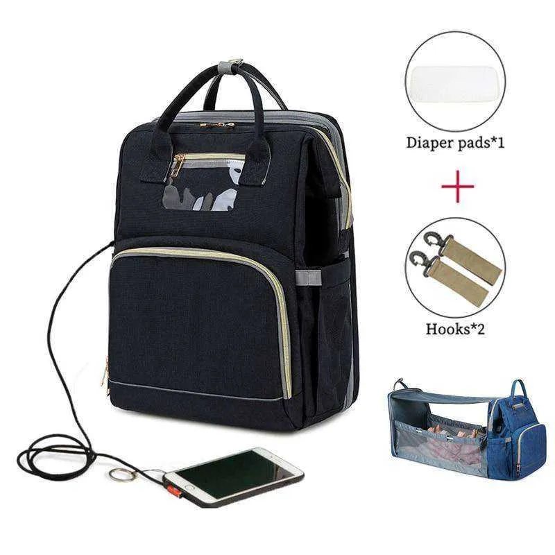 USB Diaper Bags Backpack Foldable Sunscreen Baby Bed Large Capacity