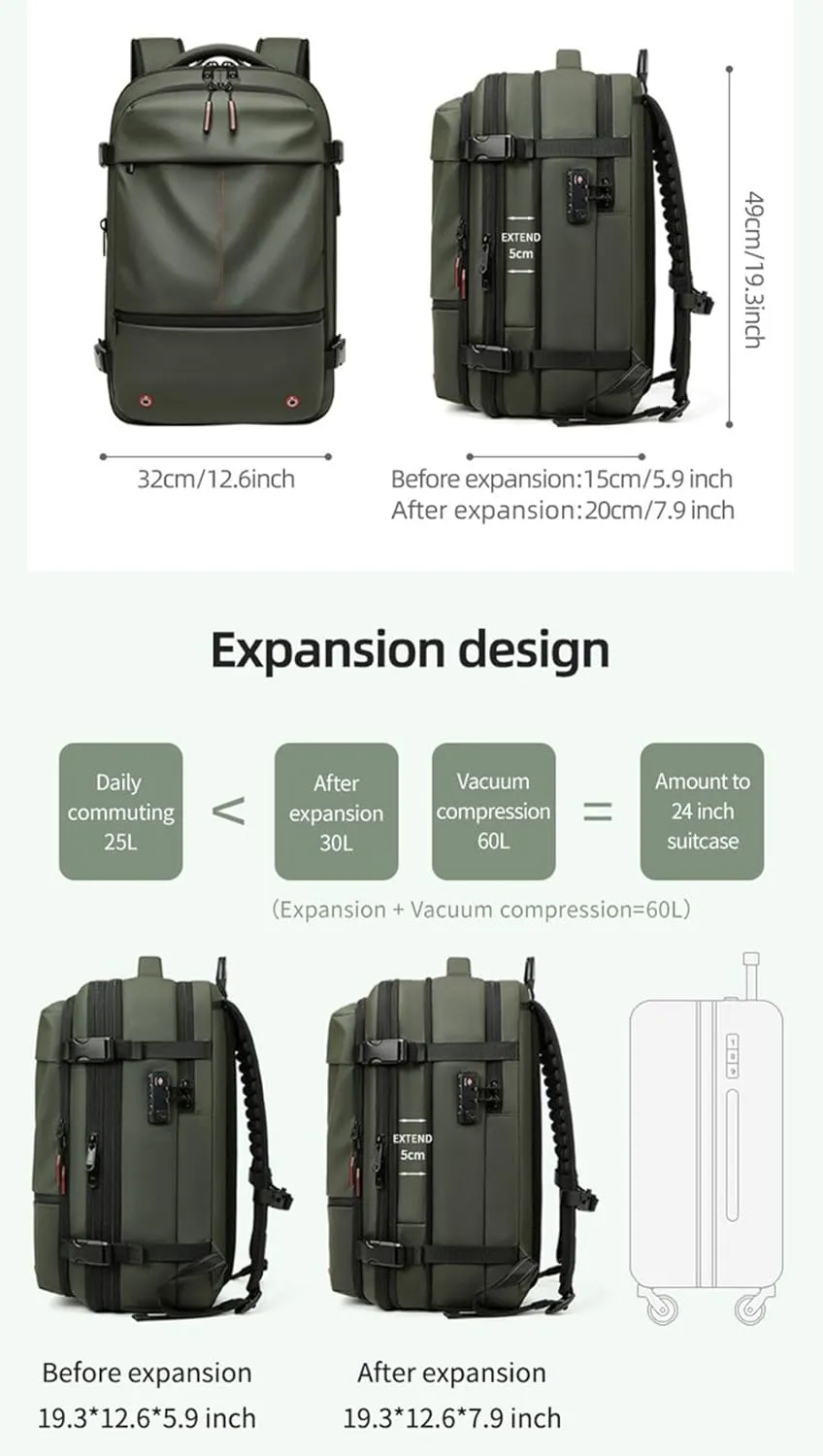 Vacuum Backpack Travel Bag, Compression Backpack with Pump, 60L Expandable Air Compression with Lock,Multi Pocket Waterproof (Gray)
