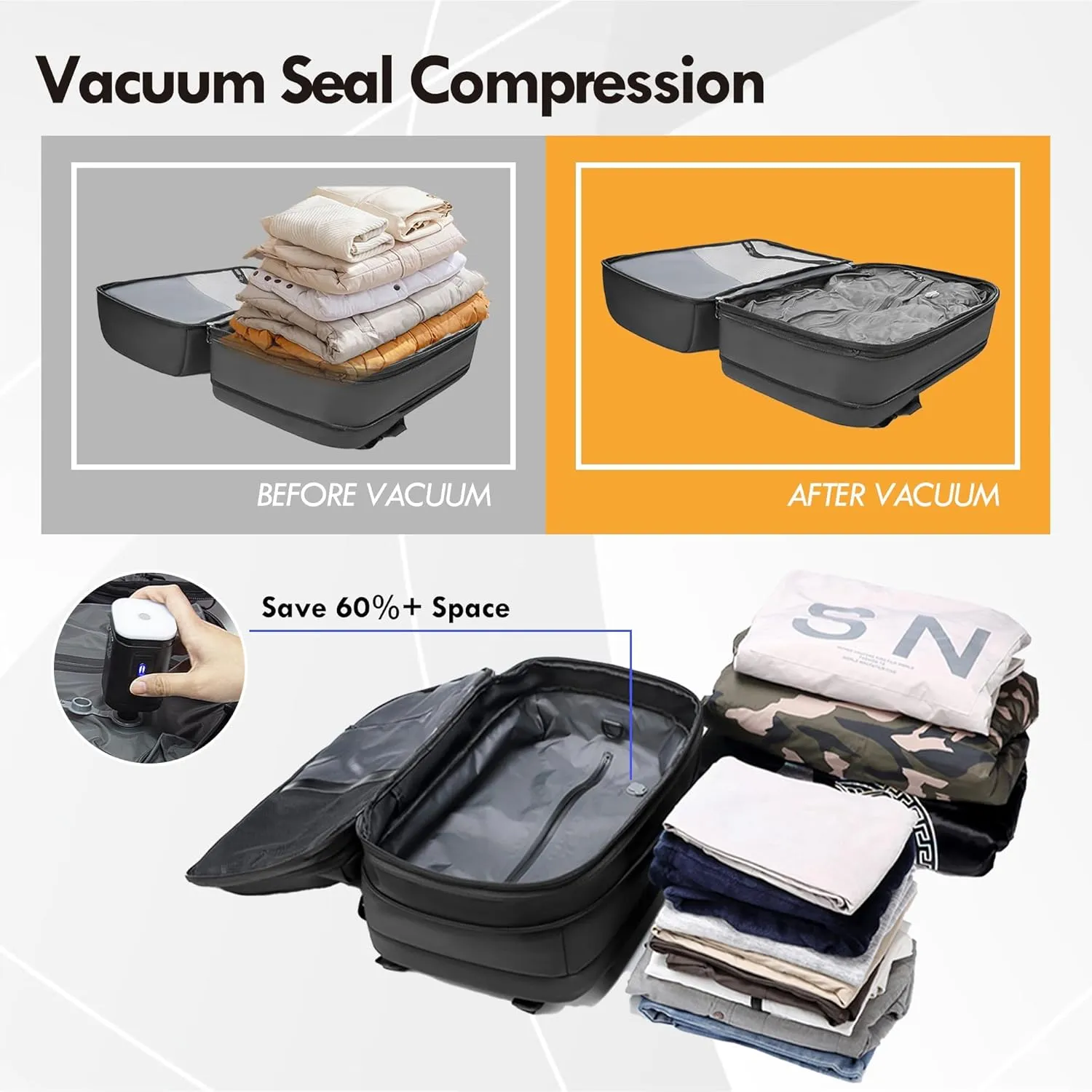 Vacuum Backpack Travel Bag, Compression Backpack with Pump, 60L Expandable Air Compression with Lock,Multi Pocket Waterproof (Gray)