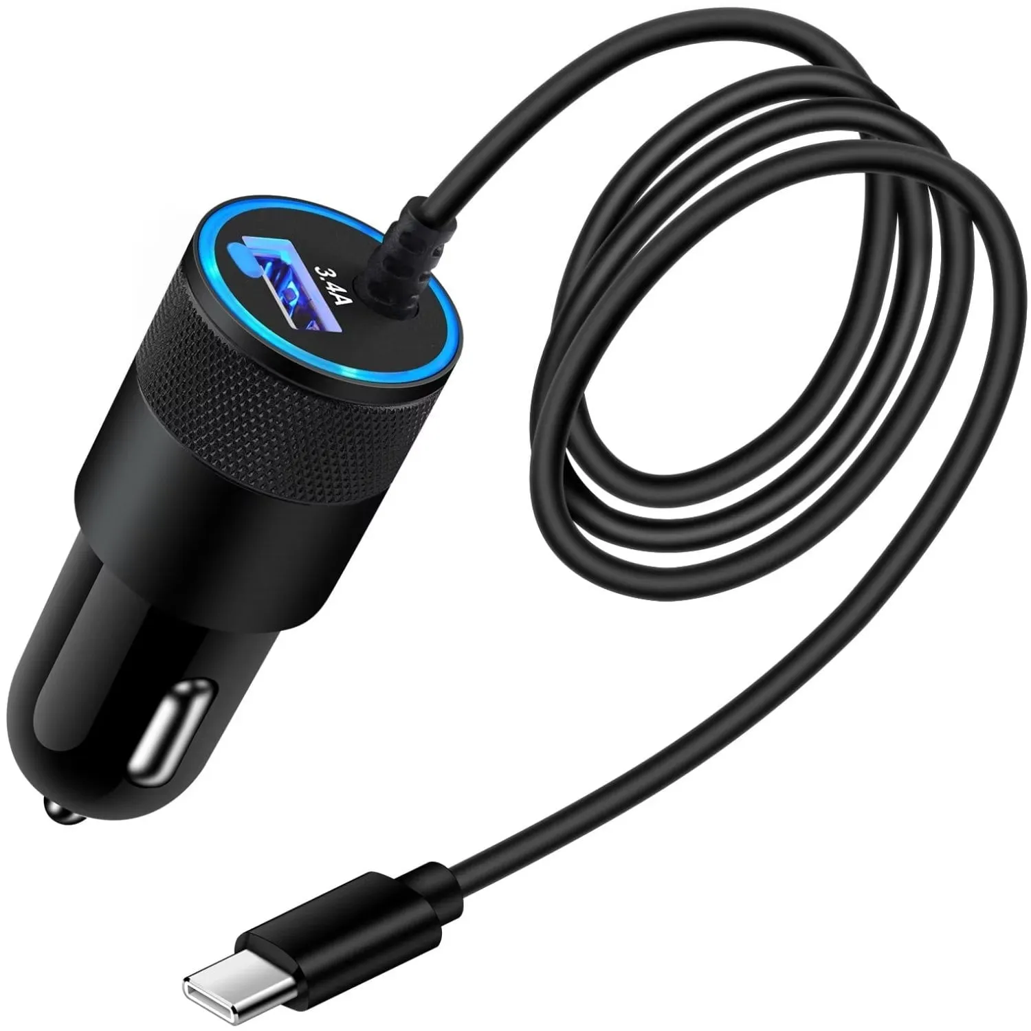 versatile USB C Car Charger, 3.4A Fast Charging Car Charger Adapter with 3ft Type C Cable Car Phone Charger USB C Cable Type C Car Charger Cigarette Lighter Adapter,Black