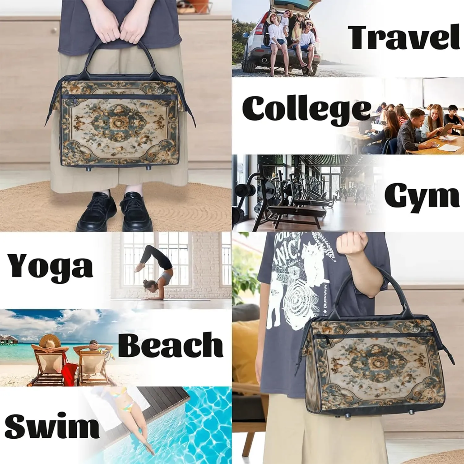 Vintage Carpet Flower Travel Duffle Bag for Women, Ladies Overnight Weekender Bag Gym Sports Bags A-1