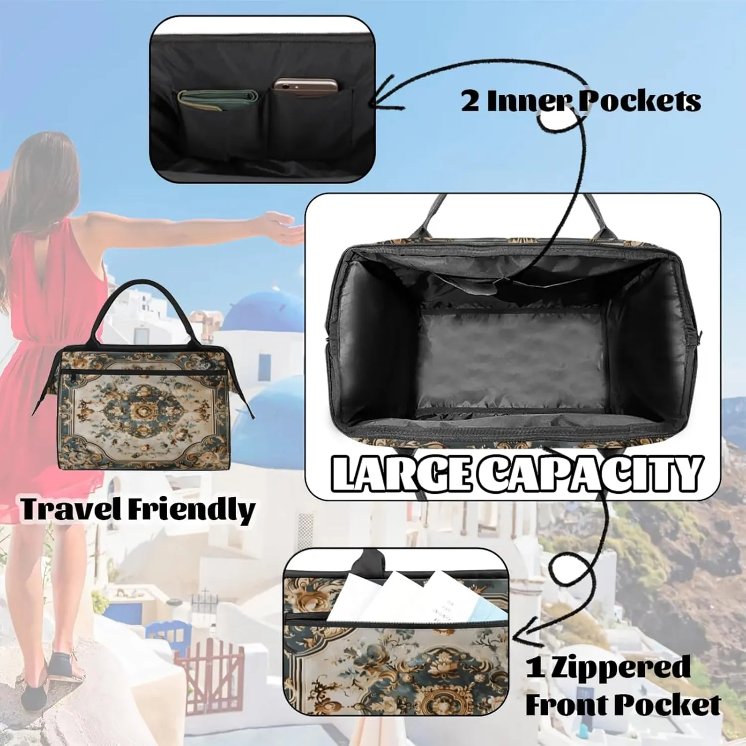 Vintage Carpet Flower Travel Duffle Bag for Women, Ladies Overnight Weekender Bag Gym Sports Bags A-1